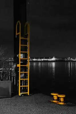 A black and white picture with a yellow ladder.