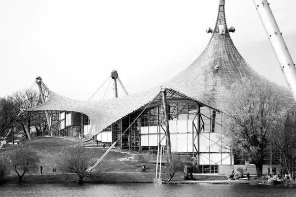 A black and white picture of the olympic stadium in munich.